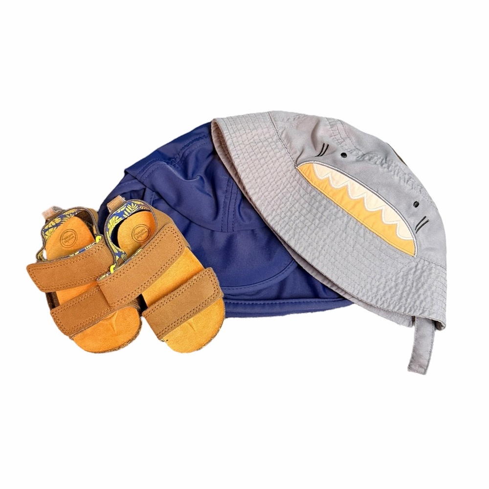 💥Carter's Navy Blue Baby Sun Hat, Shark Sun Hat and Brown Sandals